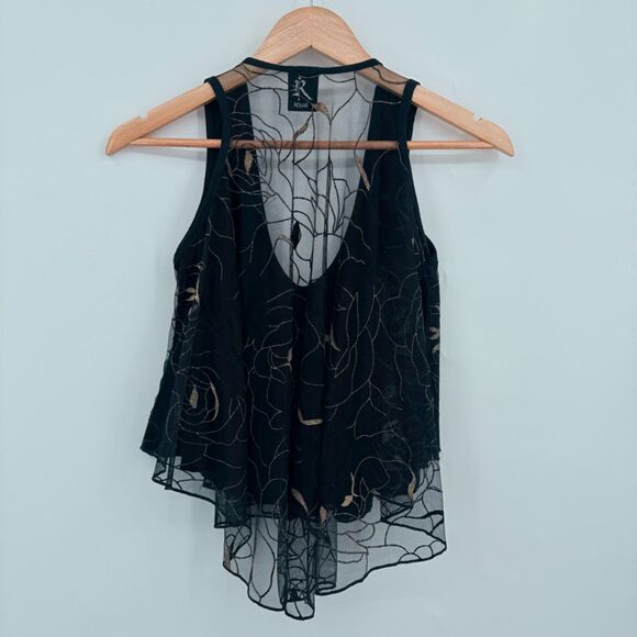 Whimsigoth Sheer Layered Black Tank Top with Gold Details, Sz Medium, Flowy - Picture 2 of 10